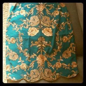 Anthropology Embroidered Green and Gold Skirt